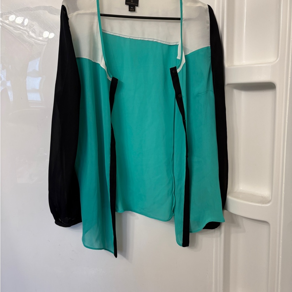 Worthington Teal and Black Sheer Blouse